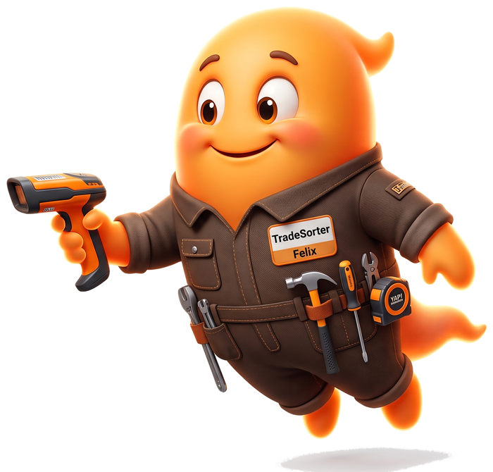 Felix, the TradeSorter mascot, holding a barcode scanner